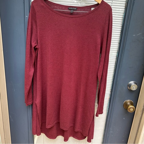 Eileen fisher large burgundy long sleeve high low side split shirt tunic wool - Picture 1 of 6